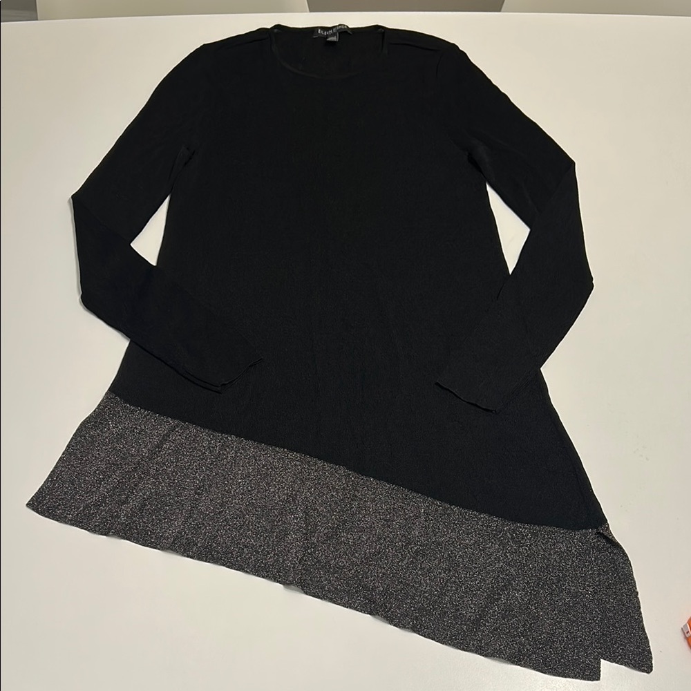 Eileen Fisher petite black asymmetrical blouse with metallic glitter trim sz xs